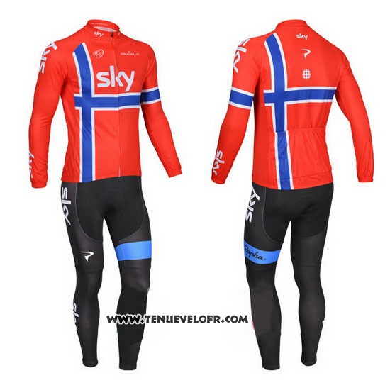 2013 Maillot Ciclismo Sky Champion Norvege Bleu et Rouge Manches Longues et Cuissard